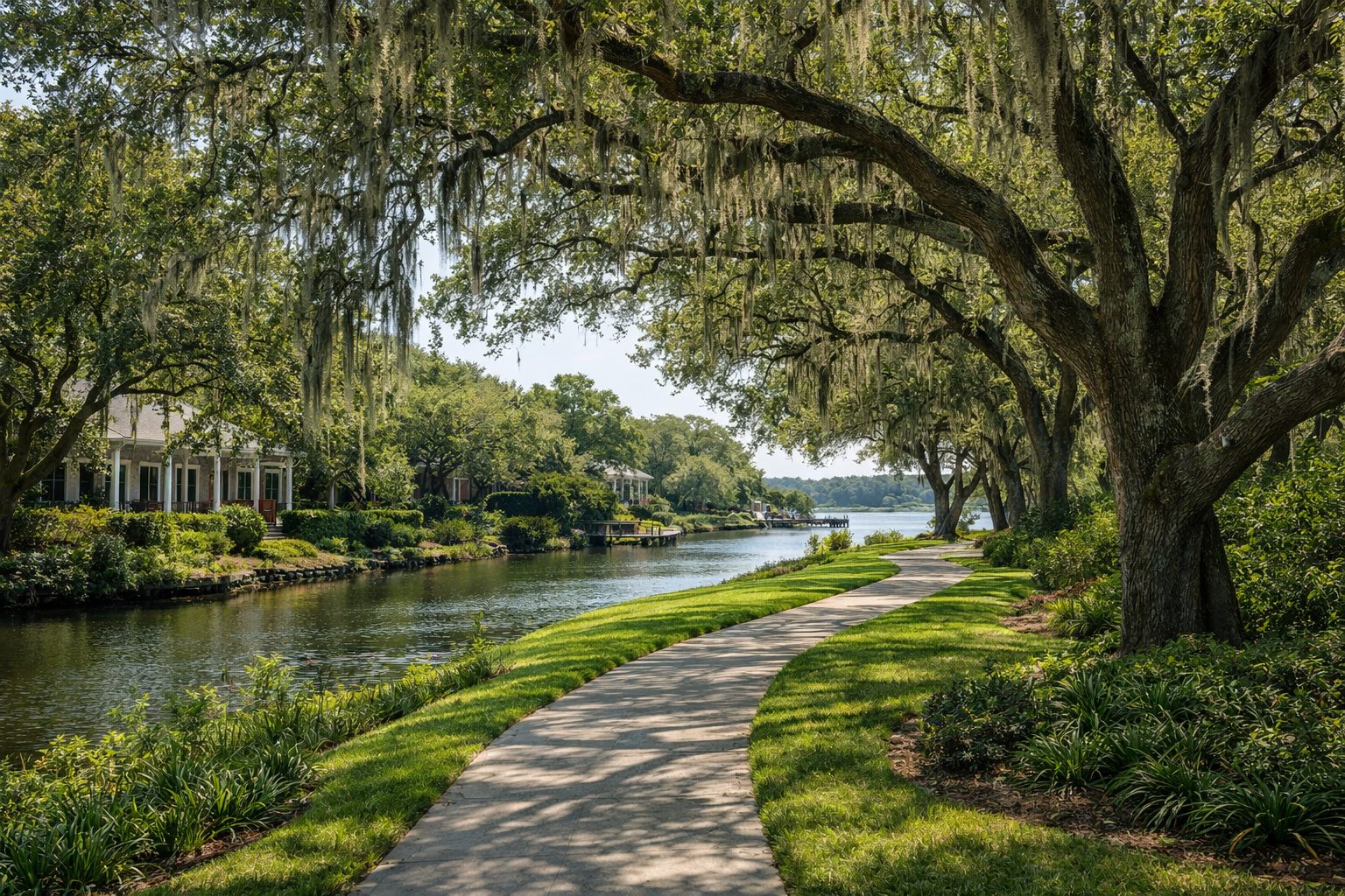 Curving residential sidewalk along a calm bayou in Shalimar, Florida, lined with mature oak trees and Spanish moss near established homes.
