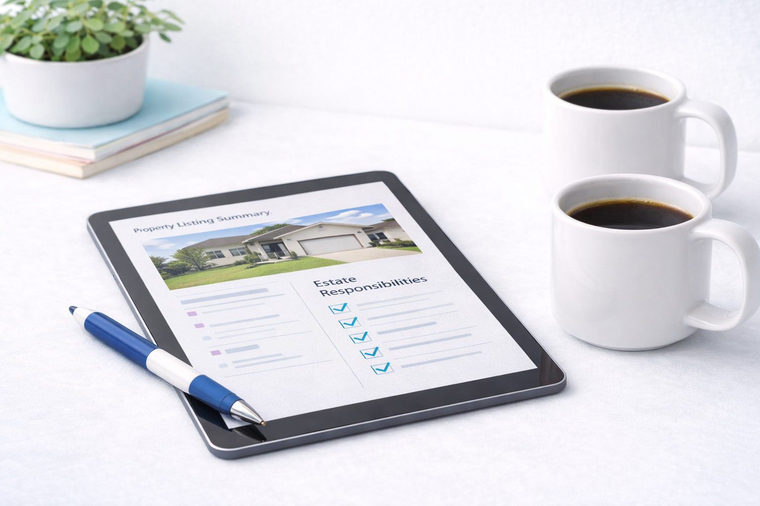 tablet showing estate responsibilities checklist for executor managing inherited property sale