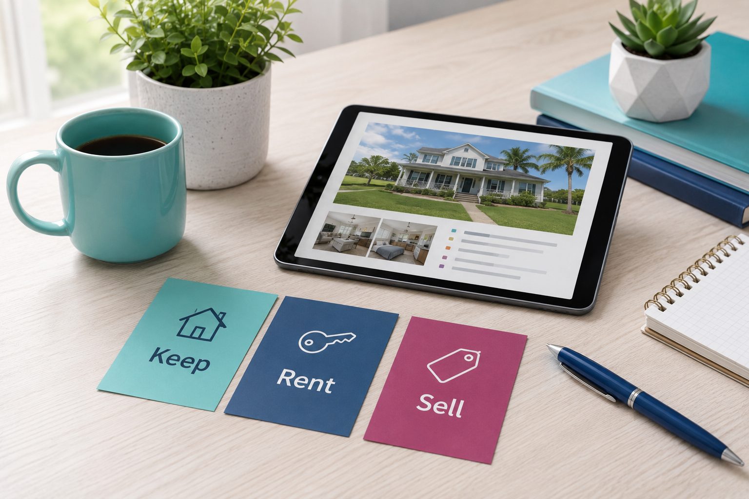 desk scene showing options to keep rent or sell inherited property