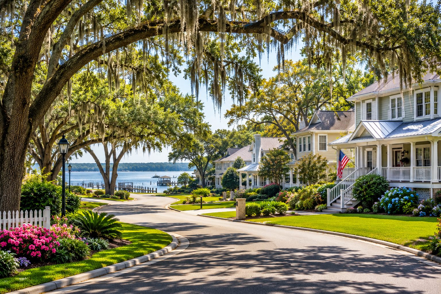 Mature Northwest Florida neighborhood near bay water with oak trees and well-maintained homes, representing the home-buying journey.