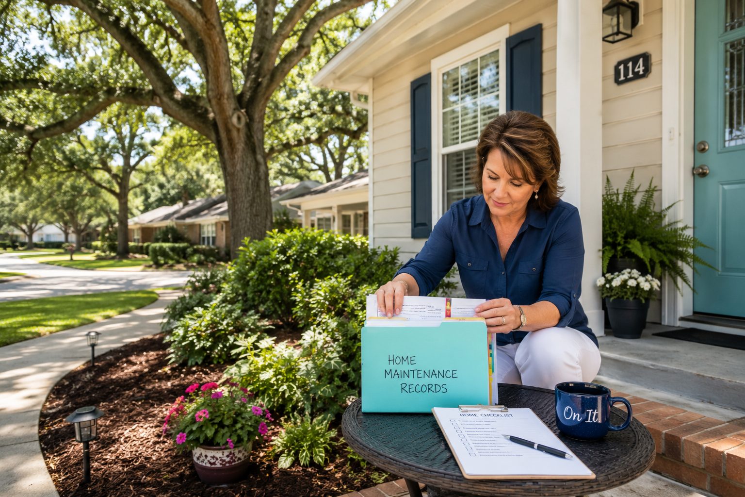 Homeowner organizing maintenance records outside a well-maintained Northwest Florida home before preparing it for a future sale.