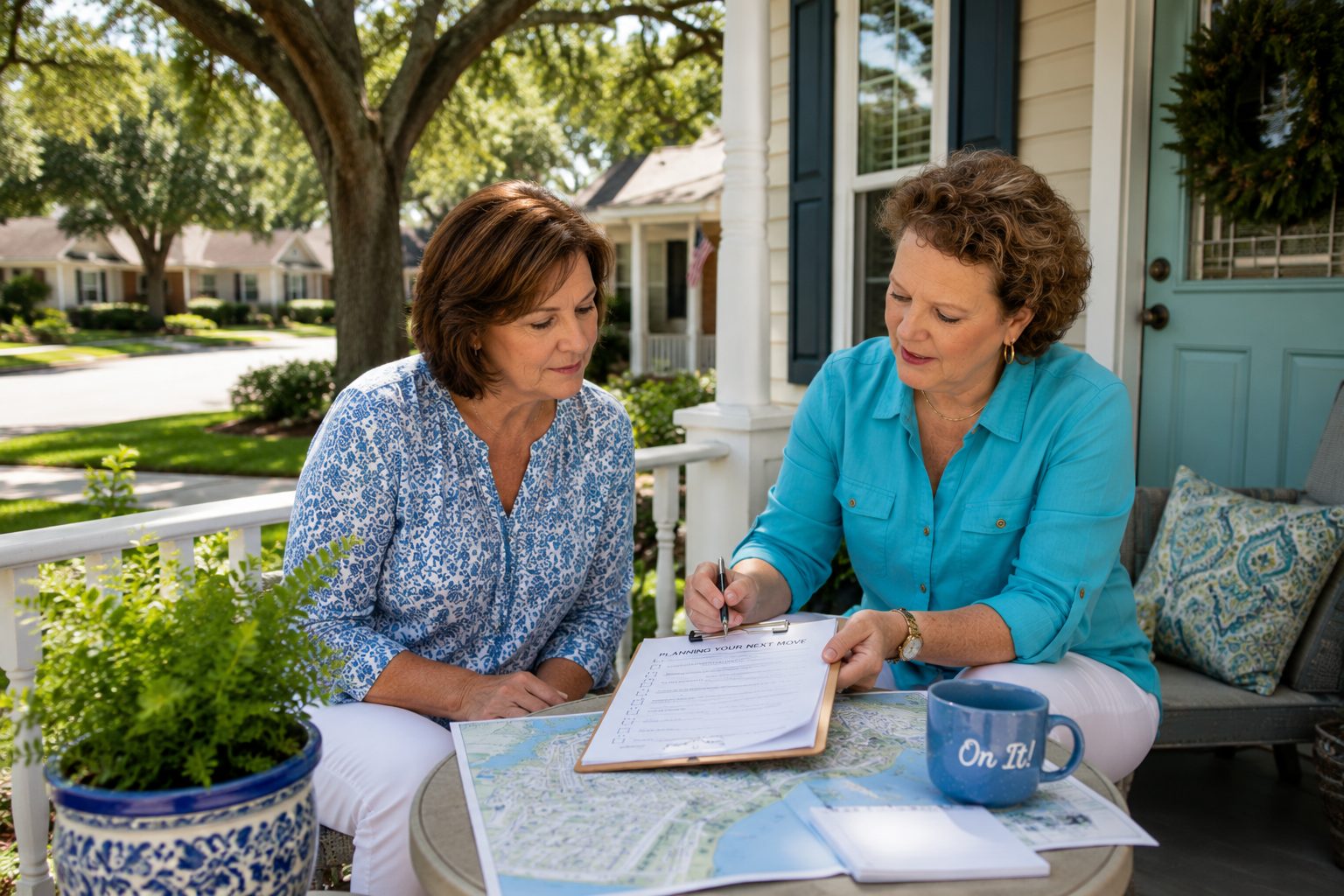 Homeowner and real estate advisor reviewing plans on the porch of a well-maintained Northwest Florida home, representing thoughtful planning before buying or selling.