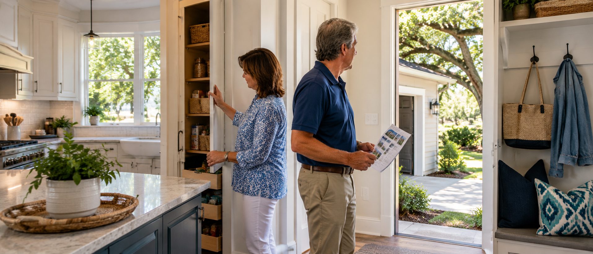 Couple considering storage and everyday functionality while touring an established Northwest Florida home.