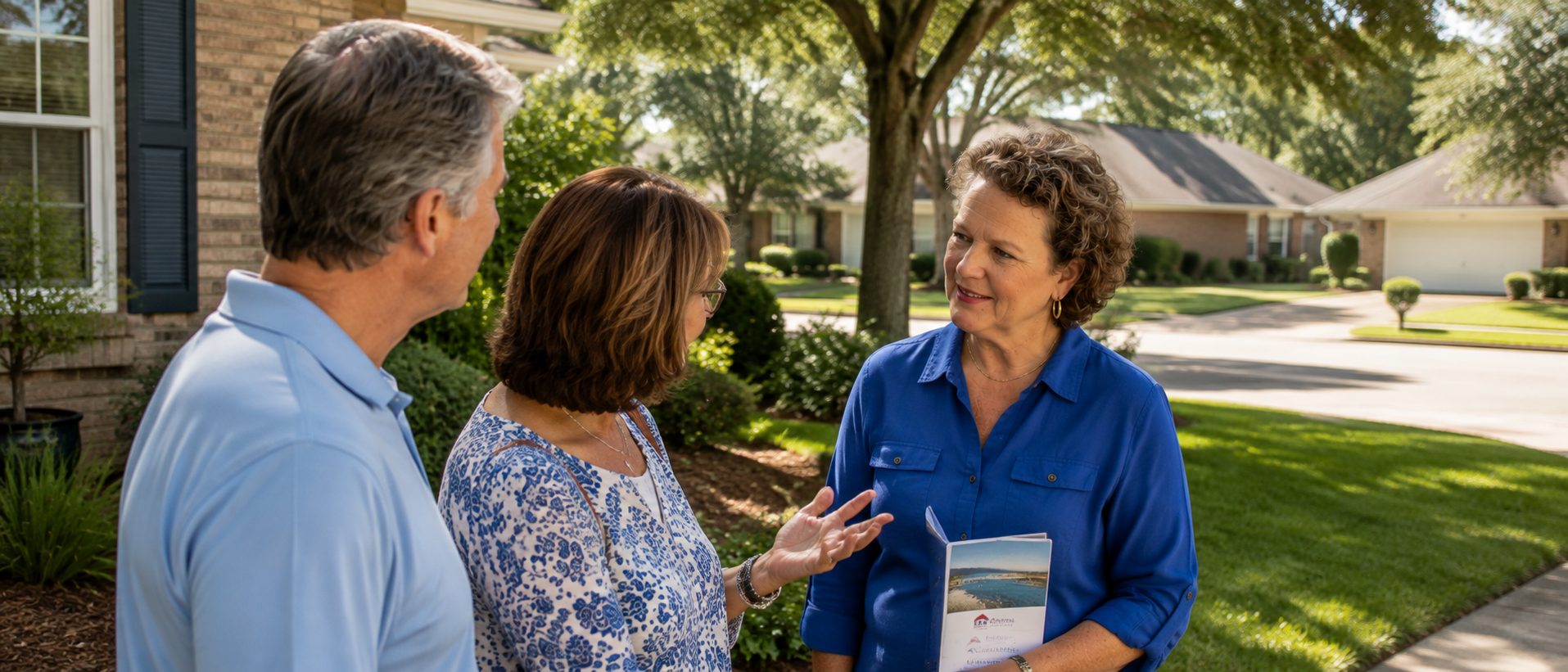 Nance Wendel talking with homebuyers after a showing in an established Northwest Florida neighborhood.