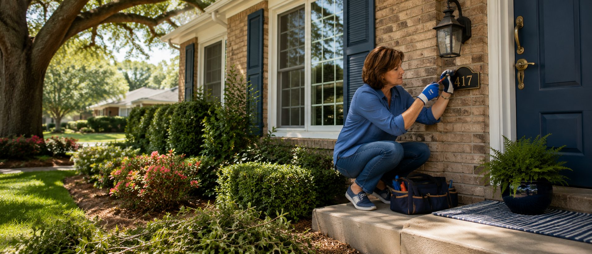 Homeowner taking care of small exterior maintenance details before selling an established Northwest Florida home.
