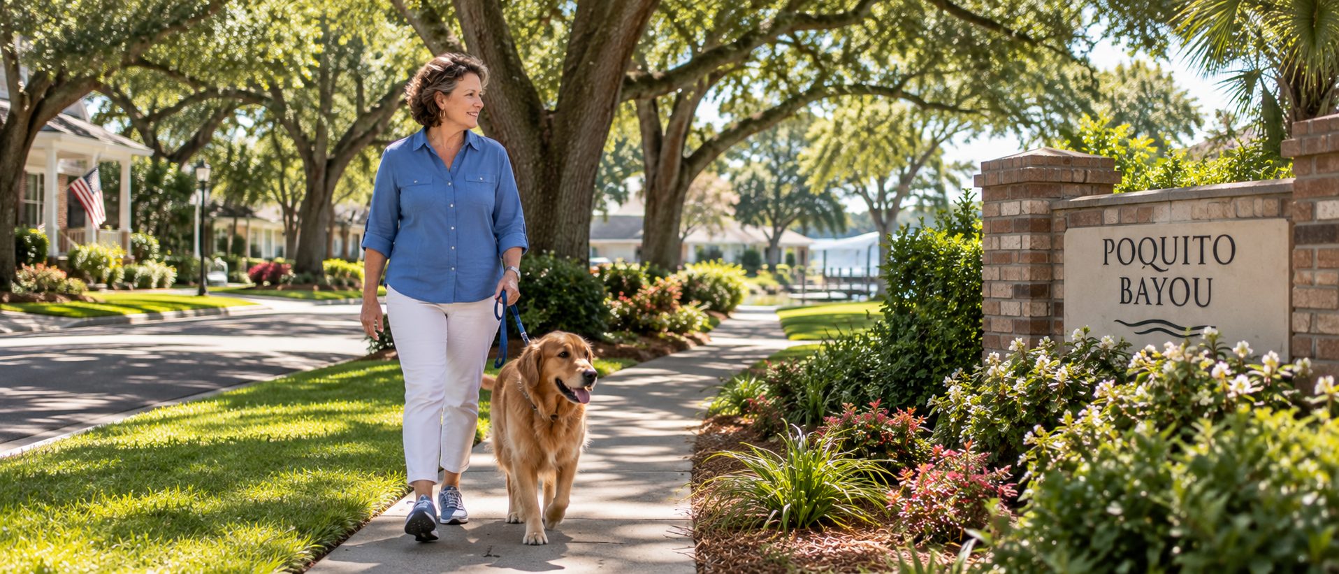Woman walking her dog through the oak-lined Poquito Bayou neighborhood in Shalimar, Florida.