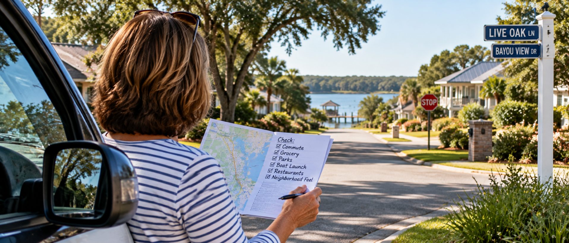 Homebuyer using a map and checklist to explore a Northwest Florida neighborhood before purchasing a home.