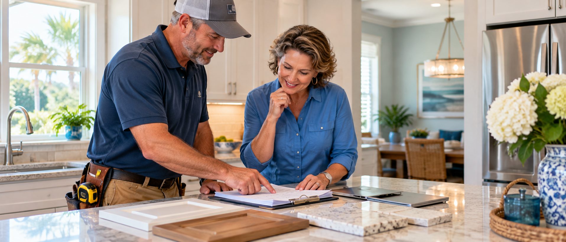 Homeowner reviewing a contractor's estimate and kitchen cabinet and countertop samples before deciding which improvements to make before selling.