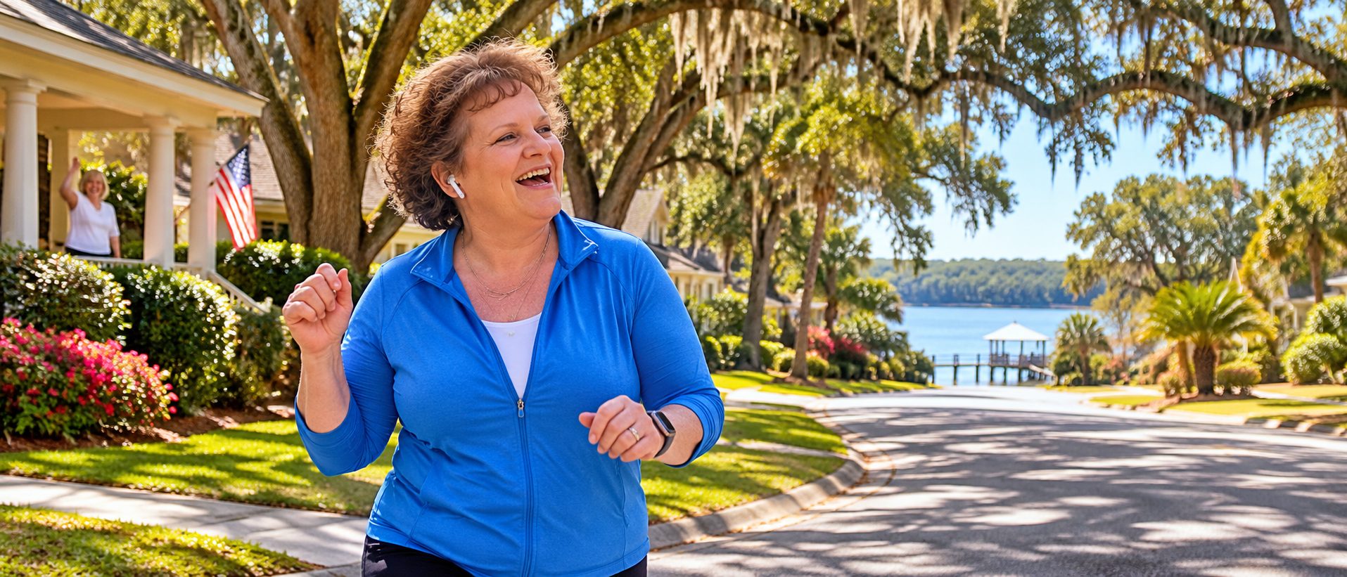 Nance Wendel singing along to music through her earbuds while walking in a Shalimar neighborhood.
